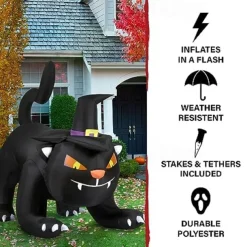Haunted Hill Farm 6-ft. Wide Black Cat Blow Up with Lights, Outdoor Halloween Inflatable Decoration for Lawn and Yard, Giant Spooky Holiday Decor
