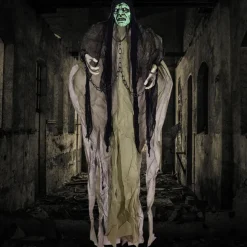 Haunted House Ghost Decoration, Glowing Eyes, Green Head, Gray Clothes - Halloween Party Prop
