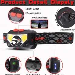 Headlamp Flashlight 1200 Lumen Ultra-Light Bright LED Rechargeable Headlight with White Red Light 2-Pack Waterproof Motion Sensor Head Lamp 8 Mode for Outdoor Camping Running Hiking Fishing