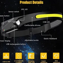 Headlamp Rechargeable 230 Wide Beam Head Lamp LED with Motion Sensor for Adults - Camping Accessories Gear Waterproof Head Light Flashlight for Hiking Running Repairing Fishing Cycling