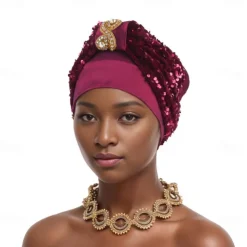 Headwear Polyester / Cotton Blend Beads Floppy Hat Turbans Wedding Birthday With Glitter Sequin Headpiece Headwear