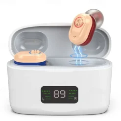 Hearing Aid With Led Charging Case Invisible Hearing Amplifiers Charging Hearing Aid Hearing Devices Hearing Loss Ompensation