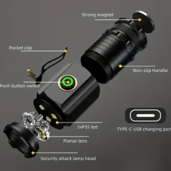 High Power Led Mini Flashlight, Strong Magnetic Tail LED Torch with 3 LED and Self-defense Lamp 5 Lighting Modes Bright Suitable for Outdoor Hiking Lights