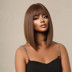 Highlight Bob Wig With Bangs Short Straight Human Hair Full Machine Made Hair Bob Wigs Ombre None Lace Front Wig For Black Women 12INCH