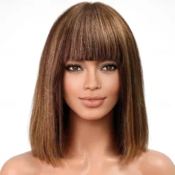 Highlight Bob Wig With Bangs Short Straight Human Hair Full Machine Made Hair Bob Wigs Ombre None Lace Front Wig For Black Women 12INCH