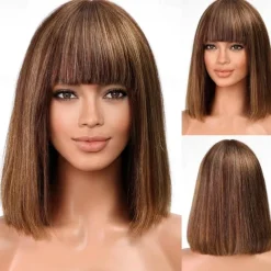 Highlight Bob Wig With Bangs Short Straight Human Hair Full Machine Made Hair Bob Wigs Ombre None Lace Front Wig For Black Women 12INCH