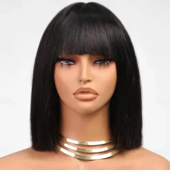 Highlight Bob Wig With Bangs Short Straight Human Hair Full Machine Made Hair Bob Wigs Ombre None Lace Front Wig For Black Women 12INCH