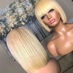 Highlight Bob Wig With Bangs Short Straight Human Hair Full Machine Made Hair Bob Wigs Ombre None Lace Front Wig For Black Women 12INCH