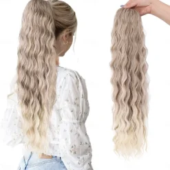 Highlight Drawstring Ponytail Extension PT005 Isabella 26 Long Bohemian Curly Pony Tail Multi Layered Light Soft Clip in Hair Extensions Ponytail Medium Blonde White Blonde Highlights