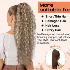 Highlight Drawstring Ponytail Extension PT005 Isabella 26 Long Bohemian Curly Pony Tail Multi Layered Light Soft Clip in Hair Extensions Ponytail Medium Blonde White Blonde Highlights