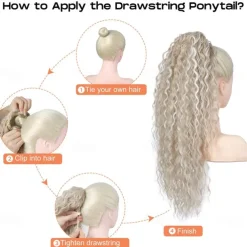 Highlight Drawstring Ponytail Extension PT005 Isabella 26 Long Bohemian Curly Pony Tail Multi Layered Light Soft Clip in Hair Extensions Ponytail Medium Blonde White Blonde Highlights