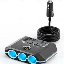 High-Power 120W 7-in-1 Car Charger with 3 Sockets and 4 USB Ports - Individual Switches LED Voltage Display for Efficient Multi-Device Charging