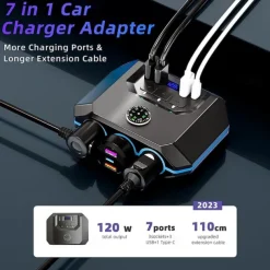 High-Power 120W 7-in-1 Car Charger with 3 Sockets and 4 USB Ports - Individual Switches LED Voltage Display for Efficient Multi-Device Charging