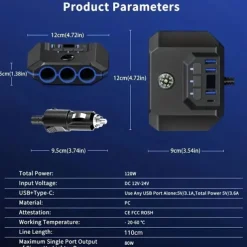 High-Power 120W 7-in-1 Car Charger with 3 Sockets and 4 USB Ports - Individual Switches LED Voltage Display for Efficient Multi-Device Charging
