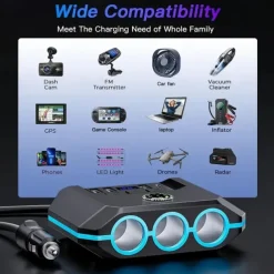 High-Power 120W 7-in-1 Car Charger with 3 Sockets and 4 USB Ports - Individual Switches LED Voltage Display for Efficient Multi-Device Charging