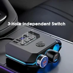 High-Power 120W 7-in-1 Car Charger with 3 Sockets and 4 USB Ports - Individual Switches LED Voltage Display for Efficient Multi-Device Charging