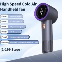 High-Speed Handheld Fan – 199-Speed Adjustable Cooling & Heating Modes, Portable Quiet Brushless Motor, LED Display, Multi-Gear Wind Power for Home, Travel & Outdoor