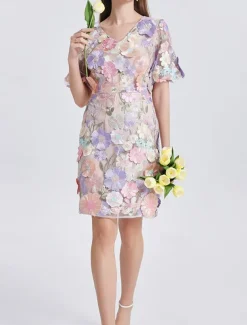 H-Line Mini Dresses Elegant Dress Wedding Wedding Guest Short Sleeve Puff Sleeve V Neck with Floral Embroidery Lace