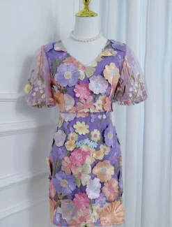 H-Line Mini Dresses Elegant Dress Wedding Wedding Guest Short Sleeve Puff Sleeve V Neck with Floral Embroidery Lace