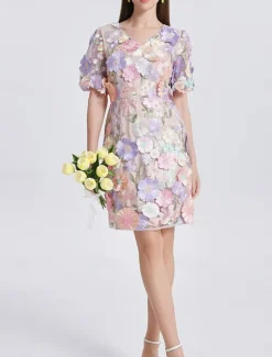 H-Line Mini Dresses Elegant Dress Wedding Wedding Guest Short Sleeve Puff Sleeve V Neck with Floral Embroidery Lace