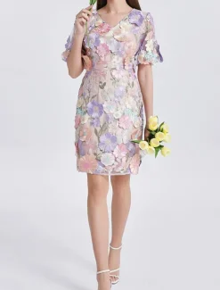 H-Line Mini Dresses Elegant Dress Wedding Wedding Guest Short Sleeve Puff Sleeve V Neck with Floral Embroidery Lace