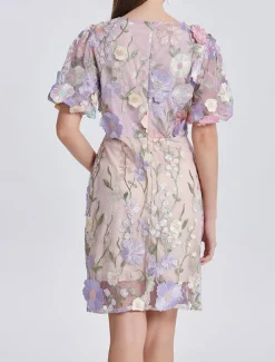 H-Line Mini Dresses Elegant Dress Wedding Wedding Guest Short Sleeve Puff Sleeve V Neck with Floral Embroidery Lace