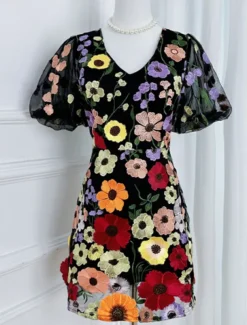 H-Line Mini Dresses Elegant Dress Wedding Wedding Guest Short Sleeve Puff Sleeve V Neck with Floral Embroidery Lace