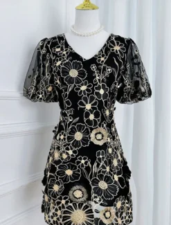 H-Line Mini Dresses Elegant Dress Wedding Wedding Guest Short Sleeve Puff Sleeve V Neck with Floral Embroidery Lace