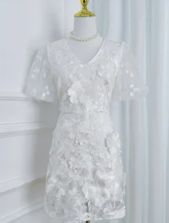 H-Line Mini Dresses Elegant Dress Wedding Wedding Guest Short Sleeve Puff Sleeve V Neck with Floral Embroidery Lace