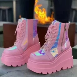 Holographic Platform Wedge Ankle Boots for Women - Trendy and Bold Footwear for Festivals and Parties