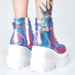 Holographic Platform Wedge Ankle Boots for Women - Trendy and Bold Footwear for Festivals and Parties