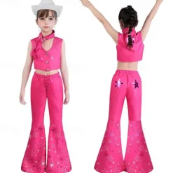 Hot Pink Cowgirl Set Doll Movie Cosplay Costume Masquerade Girls' Movie Cosplay Retro Vintage Vest Pants Scarf Masquerade Halloween
