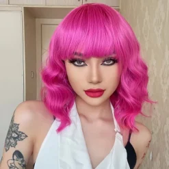 Hot Pink Wig with Bangs Short Bob Wavy Curly Wig Shoulder Length Hot Pink Wigs for Women Synthetic Hair Colorful Wig for Halloween Costume Cosplay 14 Inch