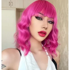 Hot Pink Wig with Bangs Short Bob Wavy Curly Wig Shoulder Length Hot Pink Wigs for Women Synthetic Hair Colorful Wig for Halloween Costume Cosplay 14 Inch