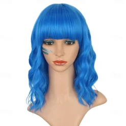 Hot Pink Wig with Bangs Short Bob Wavy Curly Wig Shoulder Length Hot Pink Wigs for Women Synthetic Hair Colorful Wig for Halloween Costume Cosplay 14 Inch