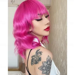 Hot Pink Wig with Bangs Short Bob Wavy Curly Wig Shoulder Length Hot Pink Wigs for Women Synthetic Hair Colorful Wig for Halloween Costume Cosplay 14 Inch