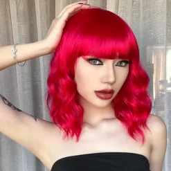 Hot Pink Wig with Bangs Short Bob Wavy Curly Wig Shoulder Length Hot Pink Wigs for Women Synthetic Hair Colorful Wig for Halloween Costume Cosplay 14 Inch