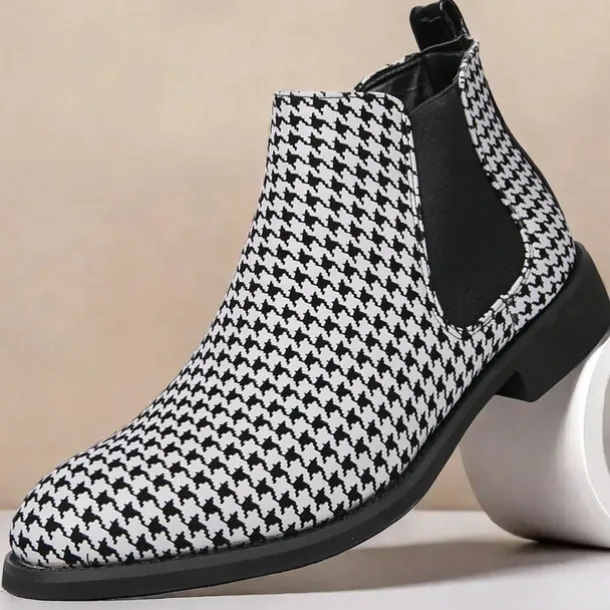 Houndstooth Pattern Men's Chelsea Boots – Classic Slip-On Ankle Boots with Elastic Side Panels for Formal and Casual Occasions