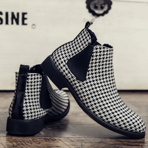 Houndstooth Pattern Men's Chelsea Boots – Classic Slip-On Ankle Boots with Elastic Side Panels for Formal and Casual Occasions
