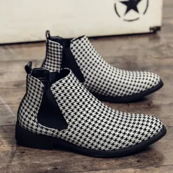 Houndstooth Pattern Men's Chelsea Boots – Classic Slip-On Ankle Boots with Elastic Side Panels for Formal and Casual Occasions