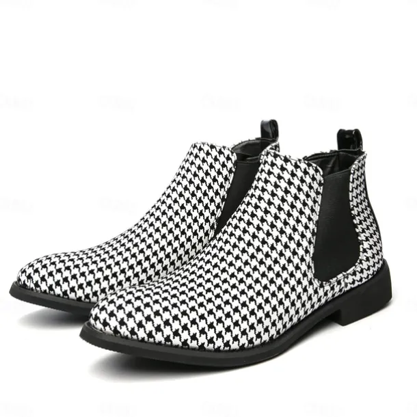 Houndstooth Pattern Men's Chelsea Boots – Classic Slip-On Ankle Boots with Elastic Side Panels for Formal and Casual Occasions