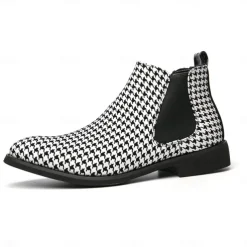 Houndstooth Pattern Men's Chelsea Boots – Classic Slip-On Ankle Boots with Elastic Side Panels for Formal and Casual Occasions