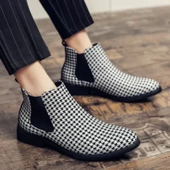 Houndstooth Pattern Men's Chelsea Boots – Classic Slip-On Ankle Boots with Elastic Side Panels for Formal and Casual Occasions