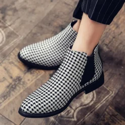 Houndstooth Pattern Men's Chelsea Boots – Classic Slip-On Ankle Boots with Elastic Side Panels for Formal and Casual Occasions
