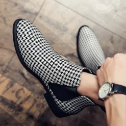 Houndstooth Pattern Men's Chelsea Boots – Classic Slip-On Ankle Boots with Elastic Side Panels for Formal and Casual Occasions