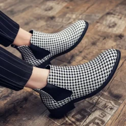 Houndstooth Pattern Men's Chelsea Boots – Classic Slip-On Ankle Boots with Elastic Side Panels for Formal and Casual Occasions
