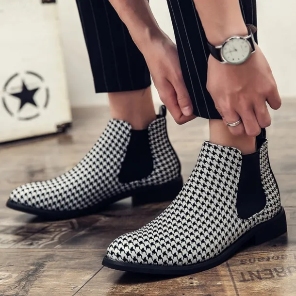 Houndstooth Pattern Men's Chelsea Boots – Classic Slip-On Ankle Boots with Elastic Side Panels for Formal and Casual Occasions