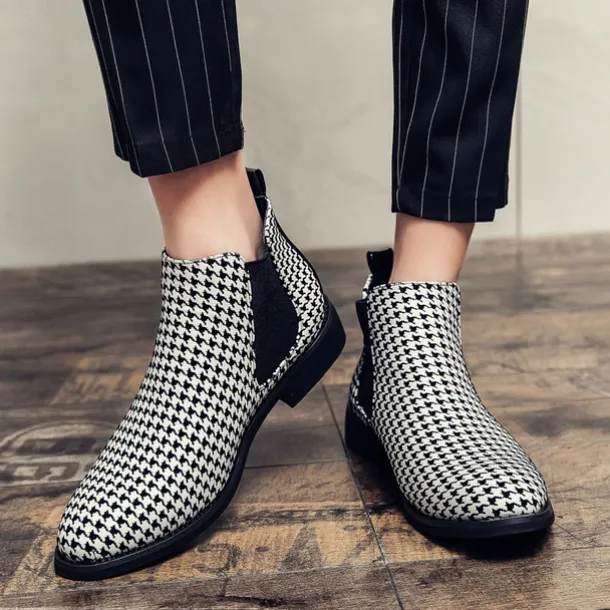 Houndstooth Pattern Men's Chelsea Boots – Classic Slip-On Ankle Boots with Elastic Side Panels for Formal and Casual Occasions