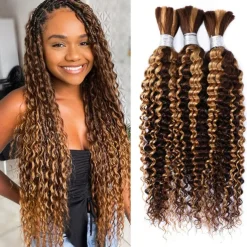 Human Braiding Hair Braids 3 Bundle Deep Wave Bulk Highlight P4/27 Human Hair For Braiding Wet And Wavy Human Hair Extensions No Weft