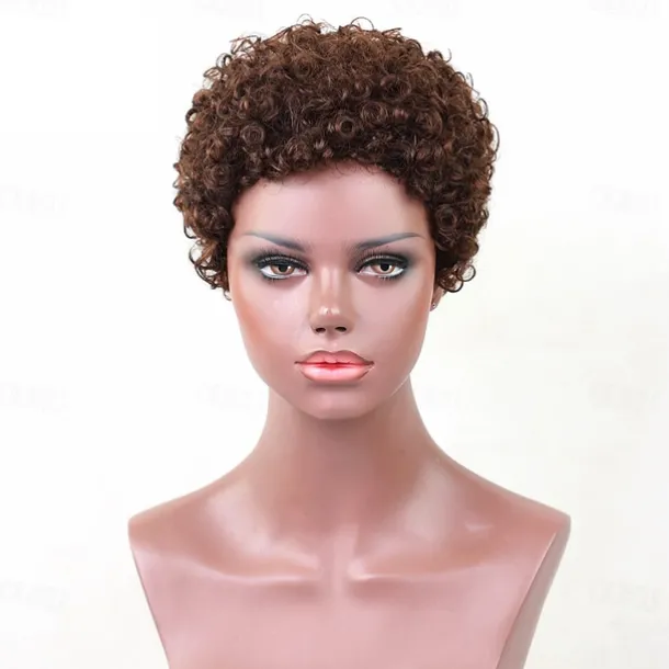 Human Hair Blend Wig Afro Curly Pixie Cut Machine Made Natural Black #1B Medium Brown Dark Wine Daily
